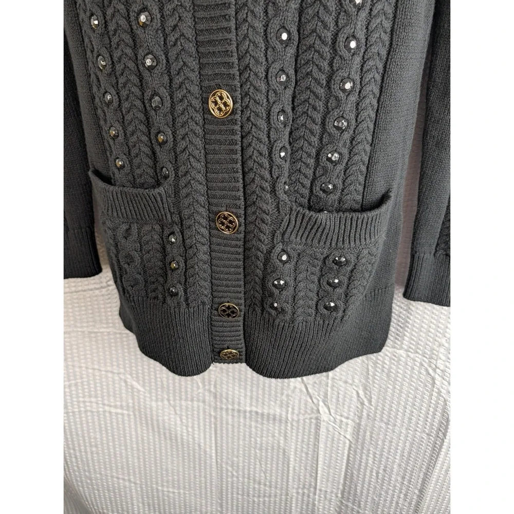 C Wonder Black Cable Knit Studded Cardigan Sweater XXS Gold Buttons Pockets - Picture 7 of 13